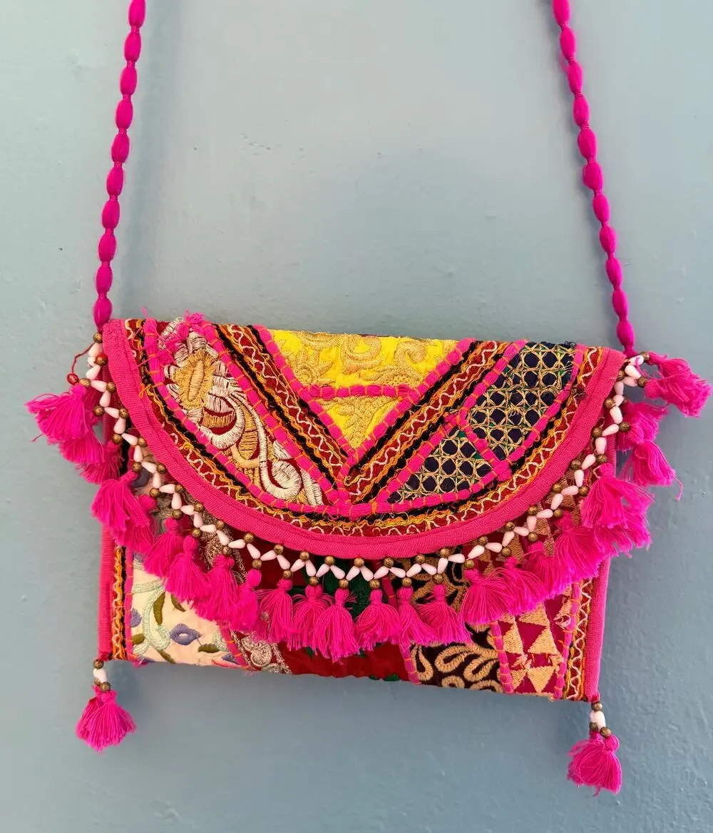Rajasthani Banjara Patchwork Crossbody Clutch Bag Hot Pink Tassels Mirror Boho